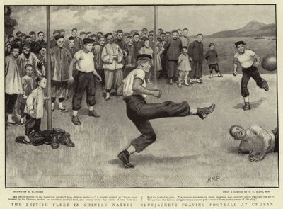 La flota británica en aguas chinas, marineros jugando al fútbol en Chusan de Henry Marriott Paget